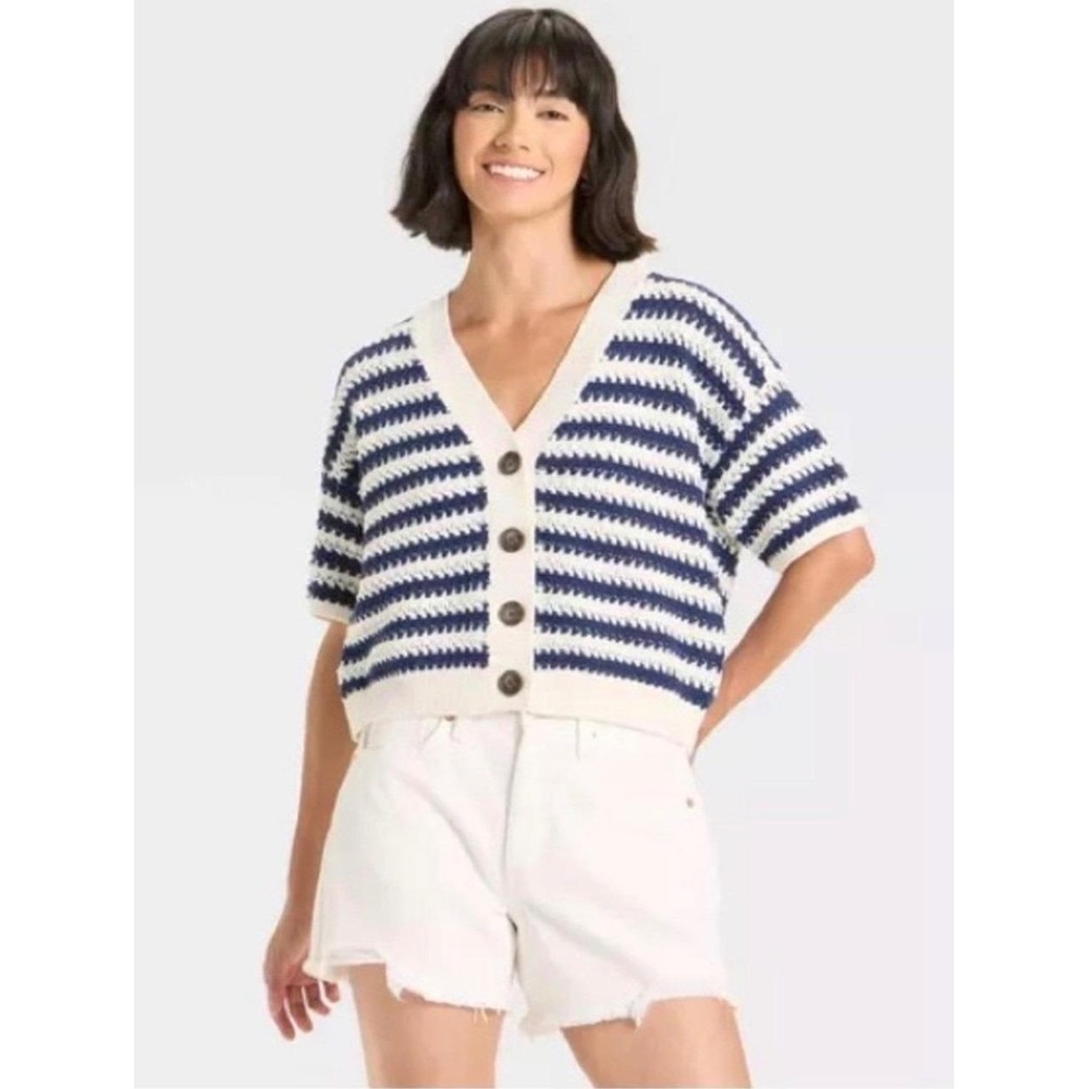 Universal Thread Womens Navy White Striped Crochet Short Sleeve Cardigan Large